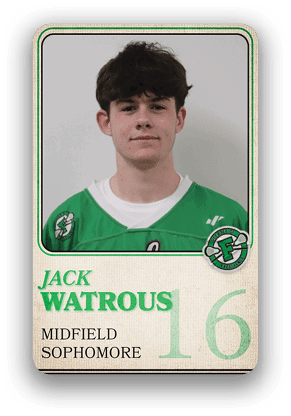 Person wearing a green sports jersey with the name Jack Watrous, labeled as a sophomore midfielder with the number 16. Description generated by AI