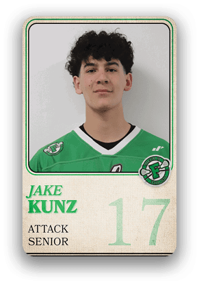 Person with curly hair wearing a green sports jersey with the name Jake Kunz, the number 17, and the words Attack Senior displayed on a card-style background. Description generated by AI
