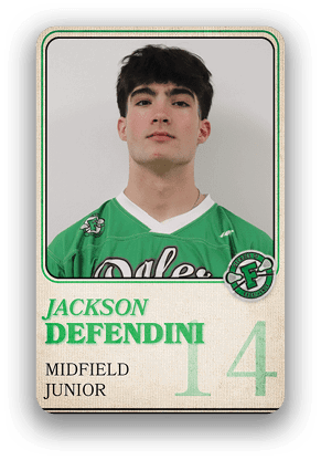 Person wearing a green sports jersey with the name Jackson Defendini, labeled as a junior midfielder with the number 14. Description generated by AI