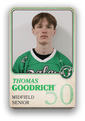 A person wearing a green sports jersey with the name Thomas Goodrich, labeled as a senior midfielder, is shown on a trading card-style design with the number 50. Description generated by AI