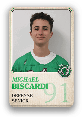 A person wearing a green sports jersey with the name Michael Biscardi, labeled as a senior defense player with the number 91, is shown against a plain background. Description generated by AI