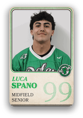 A person wearing a green sports jersey with the name Luca Spano, labeled as a senior midfielder, and the number 99 displayed on a card-style background. Description generated by AI