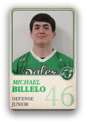 Person wearing a green sports jersey with the name Michael Billelo, labeled as a defense junior with the number 46. Description generated by AI