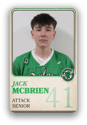 A person wearing a green sports jersey with the name Jack McBrien, the number 41, and the words Attack and Senior displayed on a card-style background. Description generated by AI