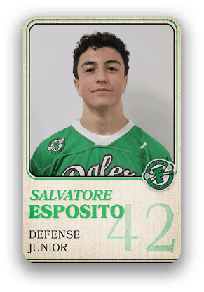 A person wearing a green sports jersey with the name Salvatore Esposito, labeled as a junior defense player with the number 42, is shown on a trading card-style design. Description generated by AI