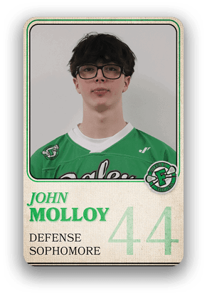 Person wearing a green sports jersey with the name John Molloy, playing defense as a sophomore with the number 44. Description generated by AI