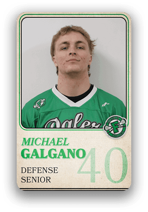 Person wearing a green sports jersey with the name Michael Galgano, labeled as a senior defense player with the number 40. Description generated by AI