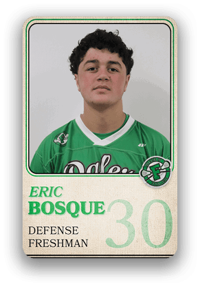 Person wearing a green sports jersey with the name Eric Bosque, labeled as a defense freshman with the number 30 on a sports card-style background. Description generated by AI