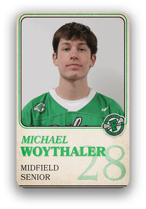 A person wearing a green sports jersey with the name Michael Woythaler, labeled as a senior midfielder with the number 28, is shown against a plain background. Description generated by AI