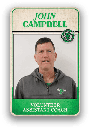 A person wearing a gray zip-up hoodie with a green logo stands against a plain background on a volunteer assistant coach badge labeled John Campbell. Description generated by AI