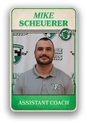 Person wearing a gray polo shirt with a sports team logo stands in front of a backdrop with matching logos, identified as Mike Scheuerer, assistant coach. Description generated by AI