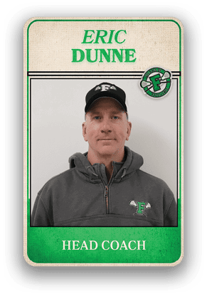 A person wearing a dark gray zip-up hoodie and a black cap with a green and white logo is shown on a sports card labeled Eric Dunne as the head coach. Description generated by AI