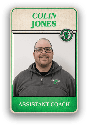 Person wearing a dark gray pullover with a green “F" logo on the chest is shown on a card labeled "Colin Jones" with the title "Assistant Coach." Description generated by AI