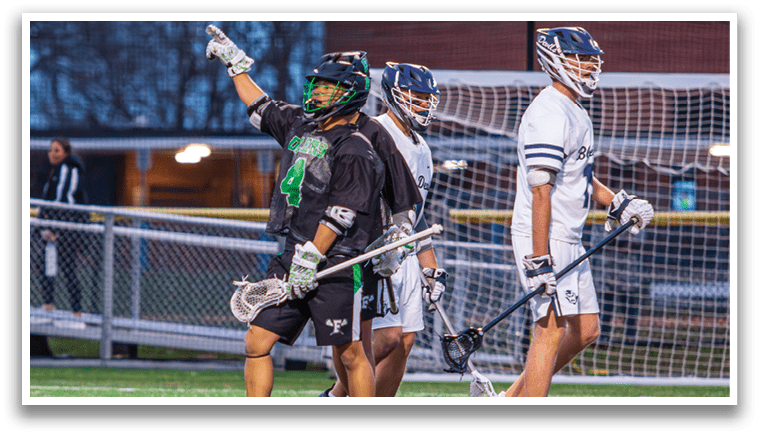 A group of three men are playing a game of lacrosse. One man is holding a stick, while the other two are holding their sticks in the air. AI generated content