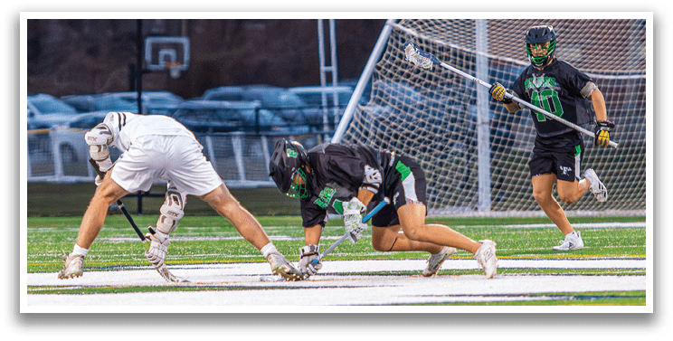 Three people playing a game of hockey on a field. AI generated content