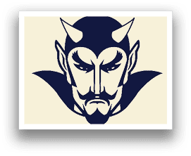 A blue and white devil face with a mustache. Description generated by AI