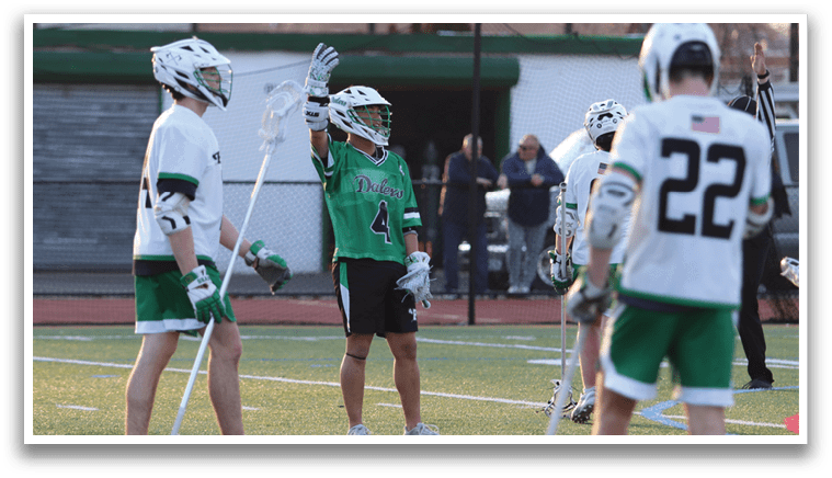 A group of people playing lacrosse on a field. Description generated by AI