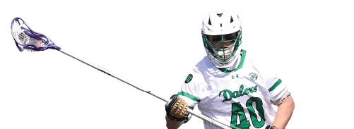 A man wearing a white uniform and a green helmet is holding a lacrosse stick. Description generated by AI