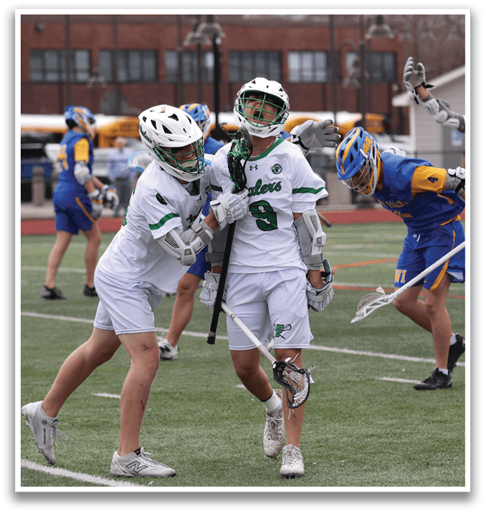 Two men are playing a game of lacrosse. Description generated by AI