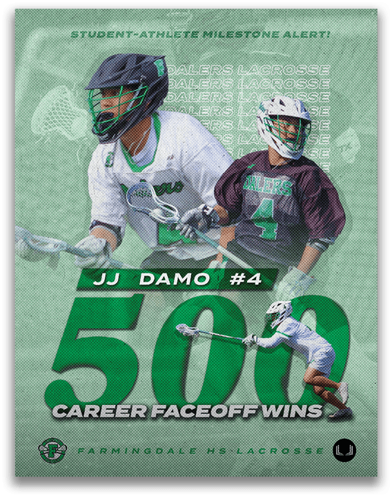 A green and white poster with a man in a white jersey holding a lacrosse stick. Description generated by AI