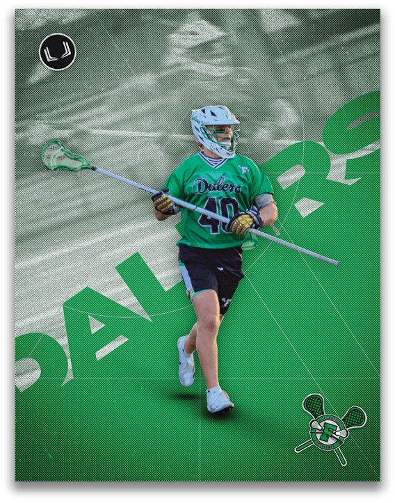 A man in a green jersey holding a lacrosse stick. Description generated by AI