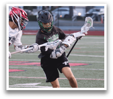 Two men playing lacrosse on a field. Description generated by AI