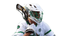 A man in a white shirt and green shorts is running with a blue and white helmet. Description generated by AI