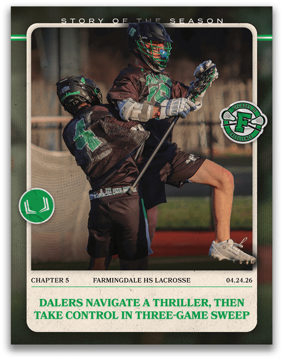 A green and white card with a picture of two men playing lacrosse. Description generated by AI
