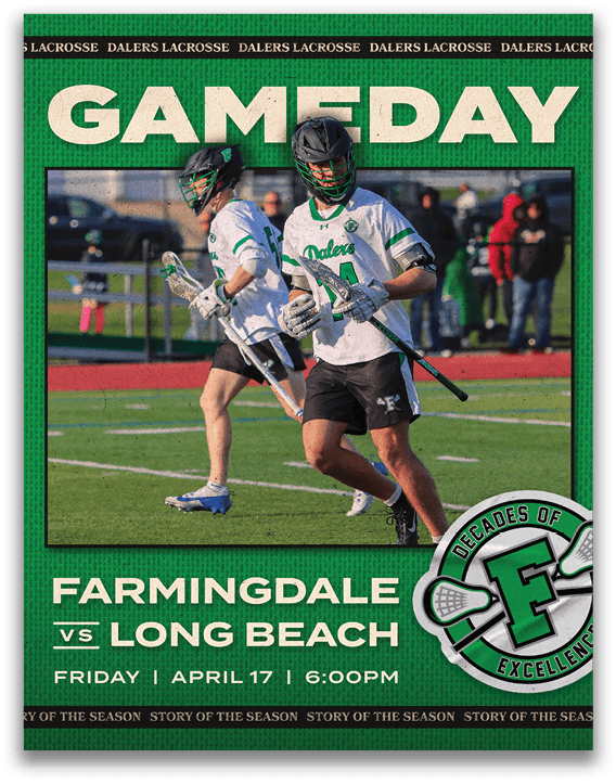 A flyer advertising a lacrosse game between Farmingdale and Long Beach. Description generated by AI