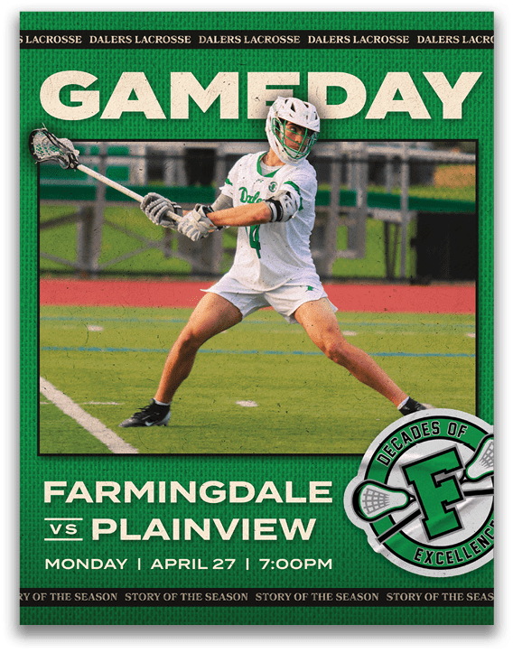 A poster advertising a lacrosse game between Farmingdale and Plainedale. Description generated by AI