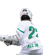 Three men playing lacrosse on a field. Description generated by AI