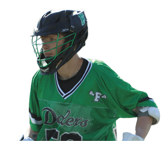A man wearing a green shirt and white shorts holding a lacrosse stick. Description generated by AI