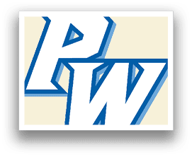 A blue and white logo for PW. Description generated by AI