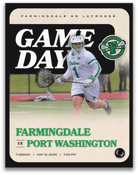 A game day poster for a lacrosse game between Farmingdale and Port Washington. Description generated by AI