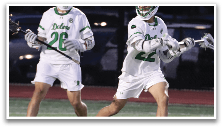 Two men playing lacrosse on a field. Description generated by AI