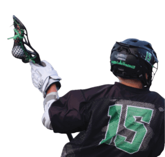 A man in a black shirt and green shorts is running with a lacrosse stick. Description generated by AI