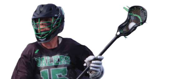 A man wearing a black shirt and white socks is holding a lacrosse stick. Description generated by AI