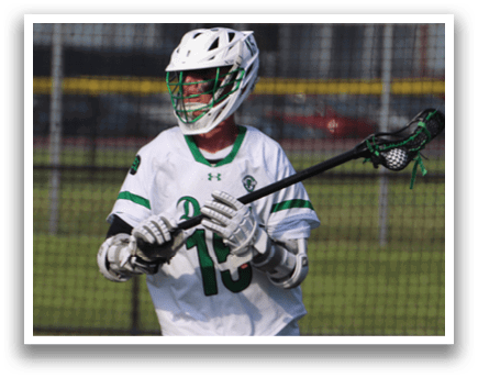 Two men playing lacrosse on a field. One man is wearing a green helmet and the other is wearing a white helmet. AI generated content