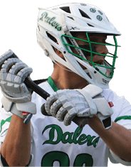 Three men playing lacrosse on a field. Description generated by AI