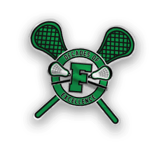 A green circular logo with the letter F in the center, crossed lacrosse sticks behind it, and the words “Decades of Excellence" around the circle. Description generated by AI