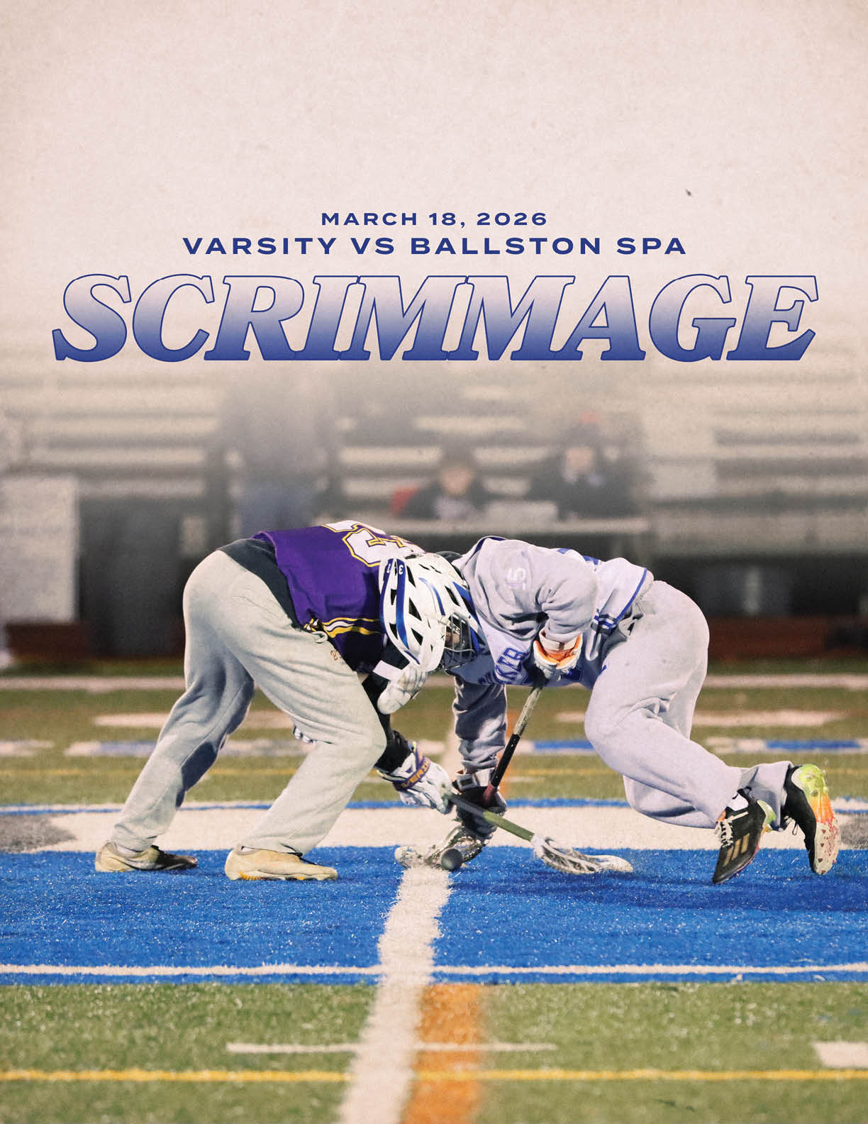 Two male lacrosse players are on the field, one is holding a stick and the other is holding a stick and a ball. AI generated content