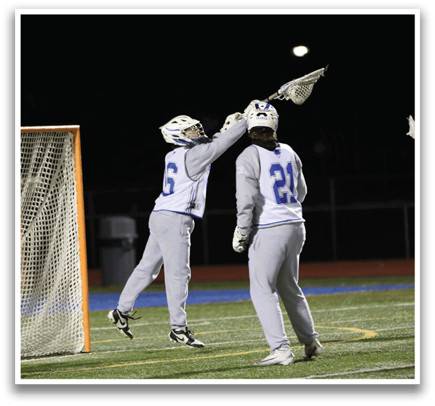 Three men wearing hockey uniforms are standing on a field. One of them is holding a hockey stick. AI generated content