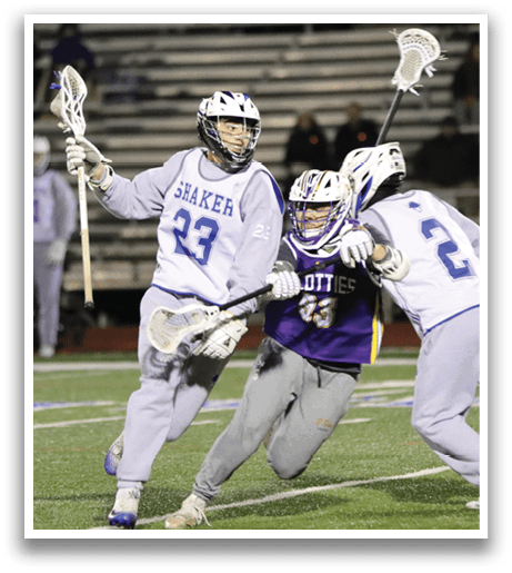 Three lacrosse players are fighting for the ball on a field. AI generated content