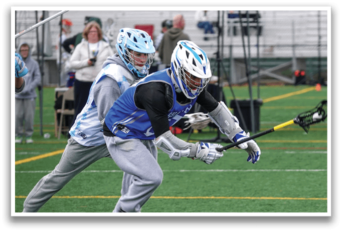 Two men playing lacrosse on a field. AI generated content