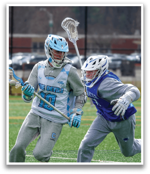 Two men playing lacrosse, one wearing a blue shirt and the other wearing a gray shirt. AI generated content