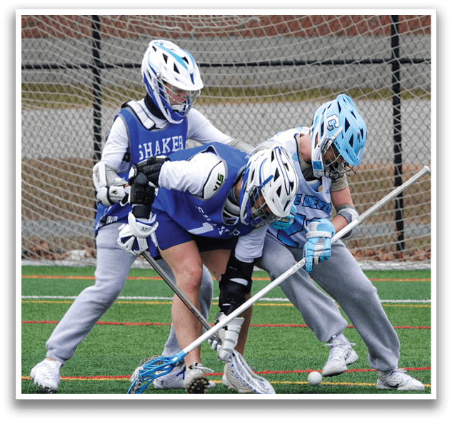 Three people playing a game of lacrosse. AI generated content