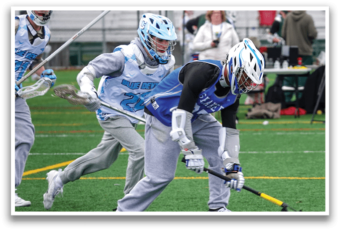 Three men playing lacrosse on a field. One man is holding a yellow stick. AI generated content