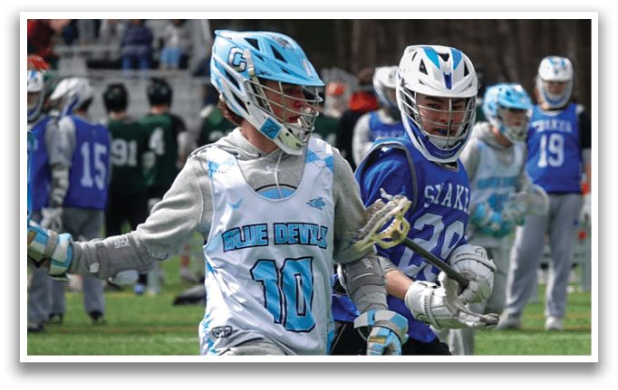 Two young men playing lacrosse on a field. AI generated content