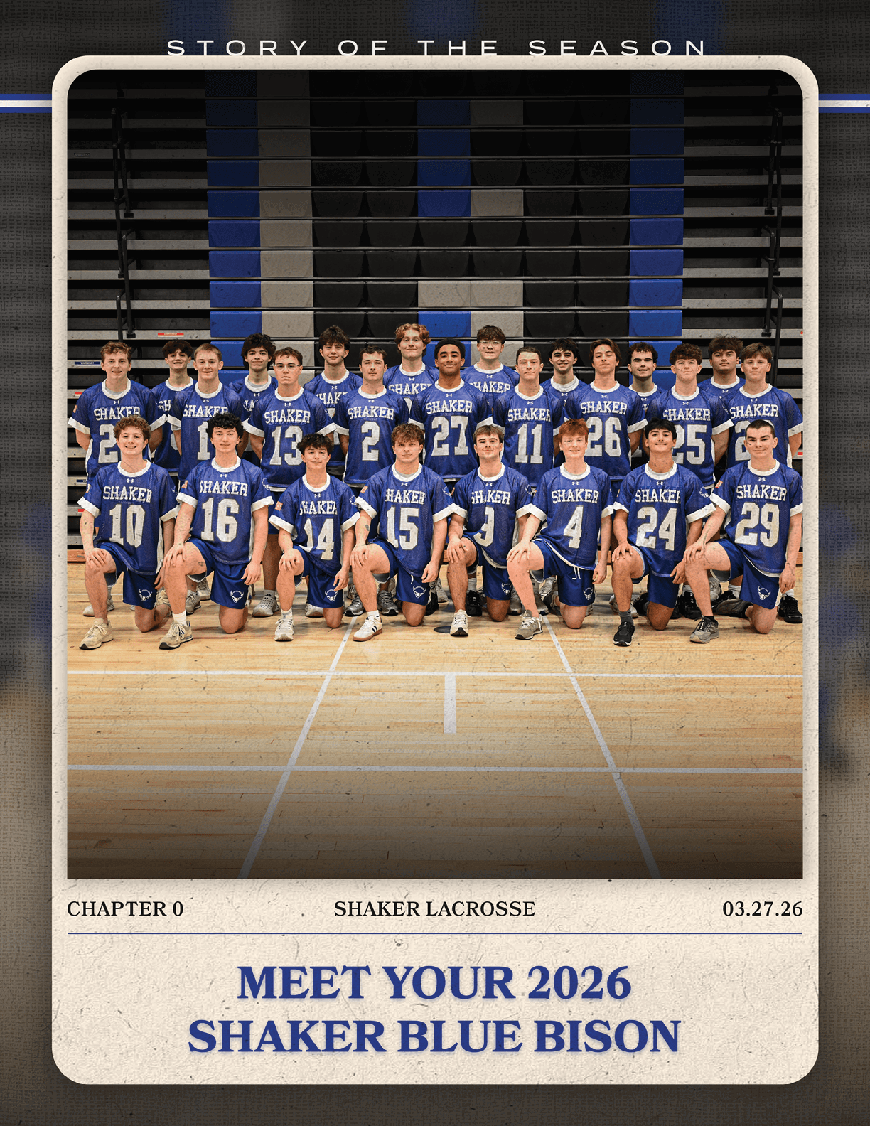 A group of young men pose for a picture in their lacrosse uniforms. AI generated content