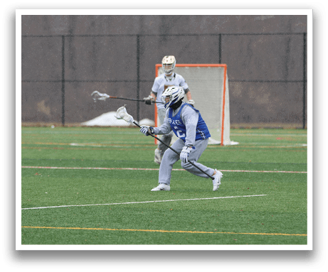 Three men playing lacrosse on a field. AI generated content